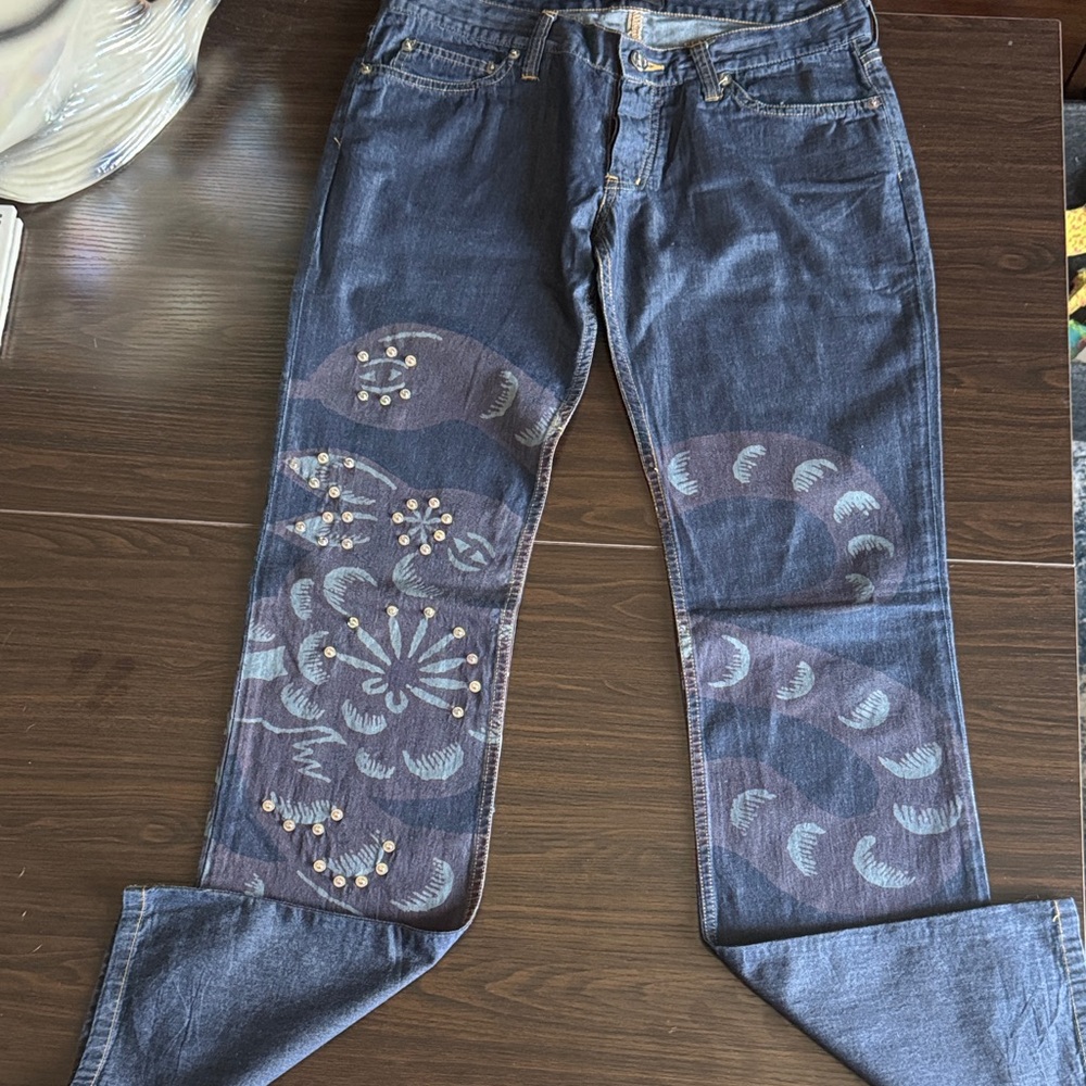 Custo Barcelona Blue Denim Jeans with Light Blue Pattern & Stud Accents